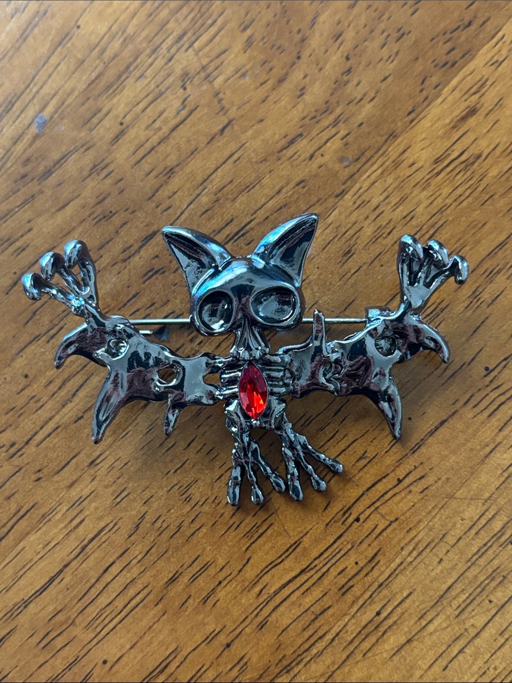 Silver-tone Bat Skeleton Brooch with Red Gem, Dangly Legs